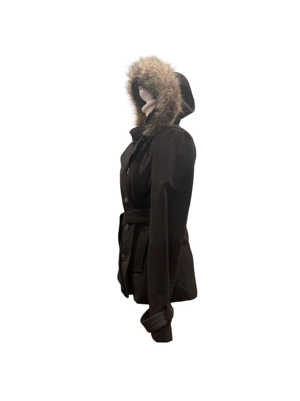 River Island Wool-Blend Belted Coat w/ Faux Fur Hood M | Black Military Style - Picture 4 of 9